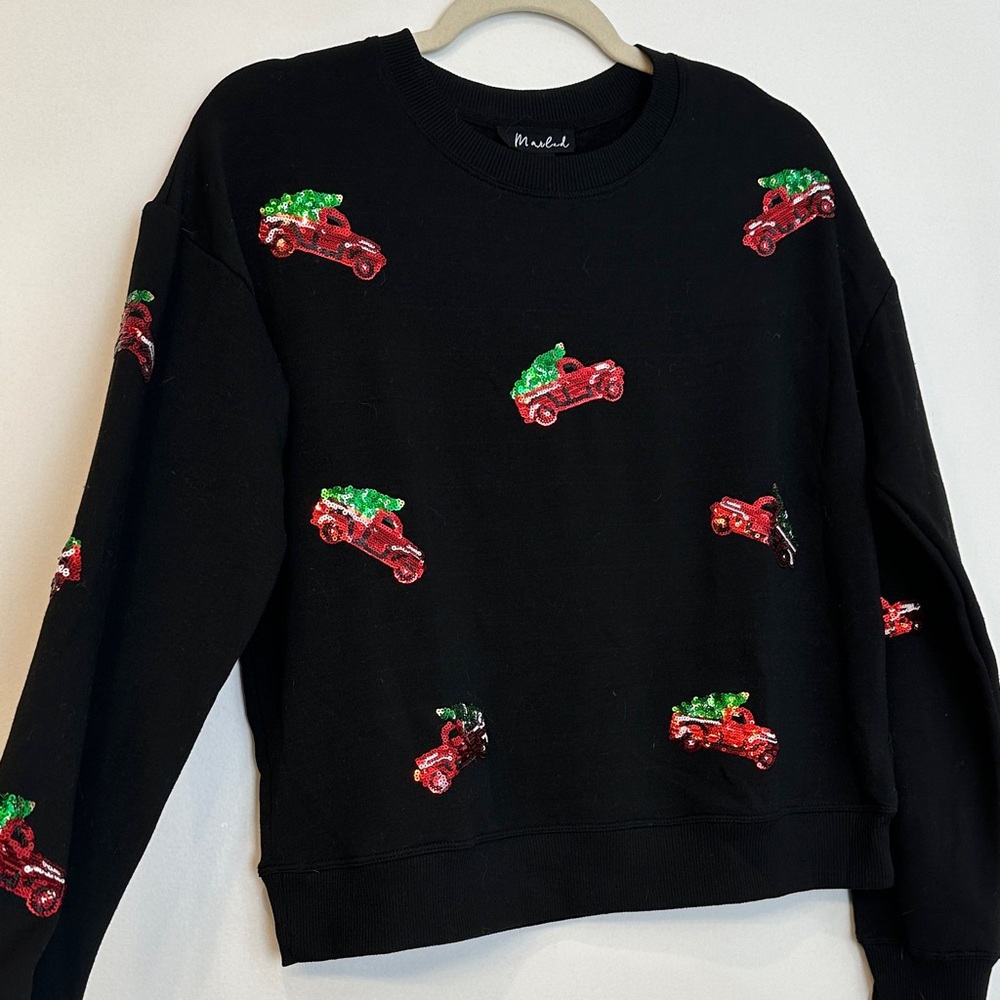 Marled Black Sweater with Red and Green Car Embroidery
